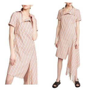 MONSE Orange & Beige Striped Cotton Fringed Asymmetrical Sheath Dress 8